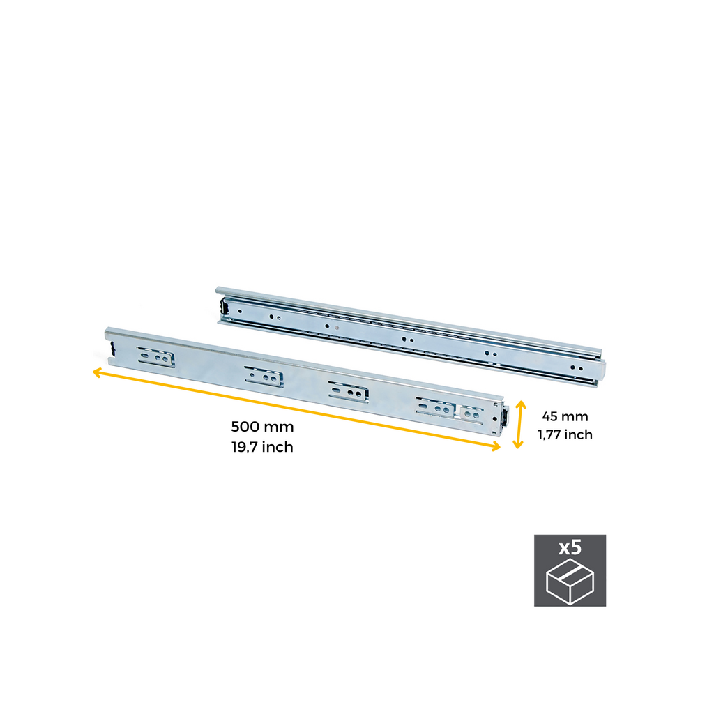 Lot of 5 pairs of ball bearing runners for drawers , height 45mm, depth 500mm, full extension, Zinc plated-1