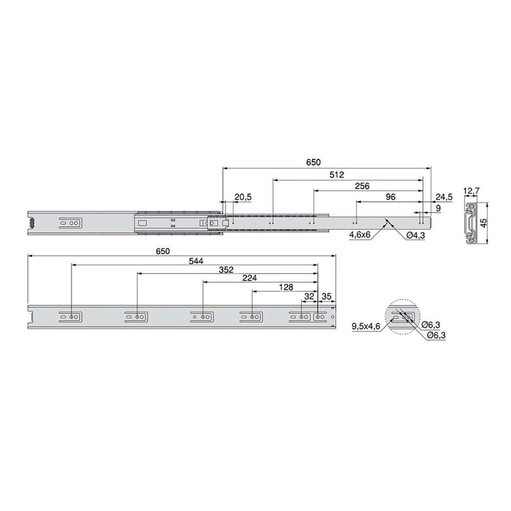 Lot of 5 pairs of ball bearing runners for drawers , height 45mm, depth 650mm, full extension, Zinc plated-1