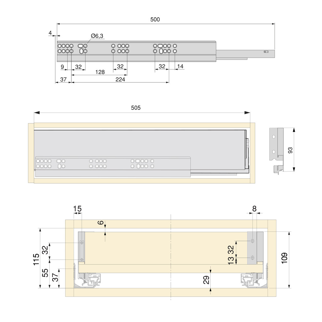 Kit of Vertex drawer for kitchen or bathroom height 93mm with 3D regulation, boards included, module 600mm, Anthracite Grey-1