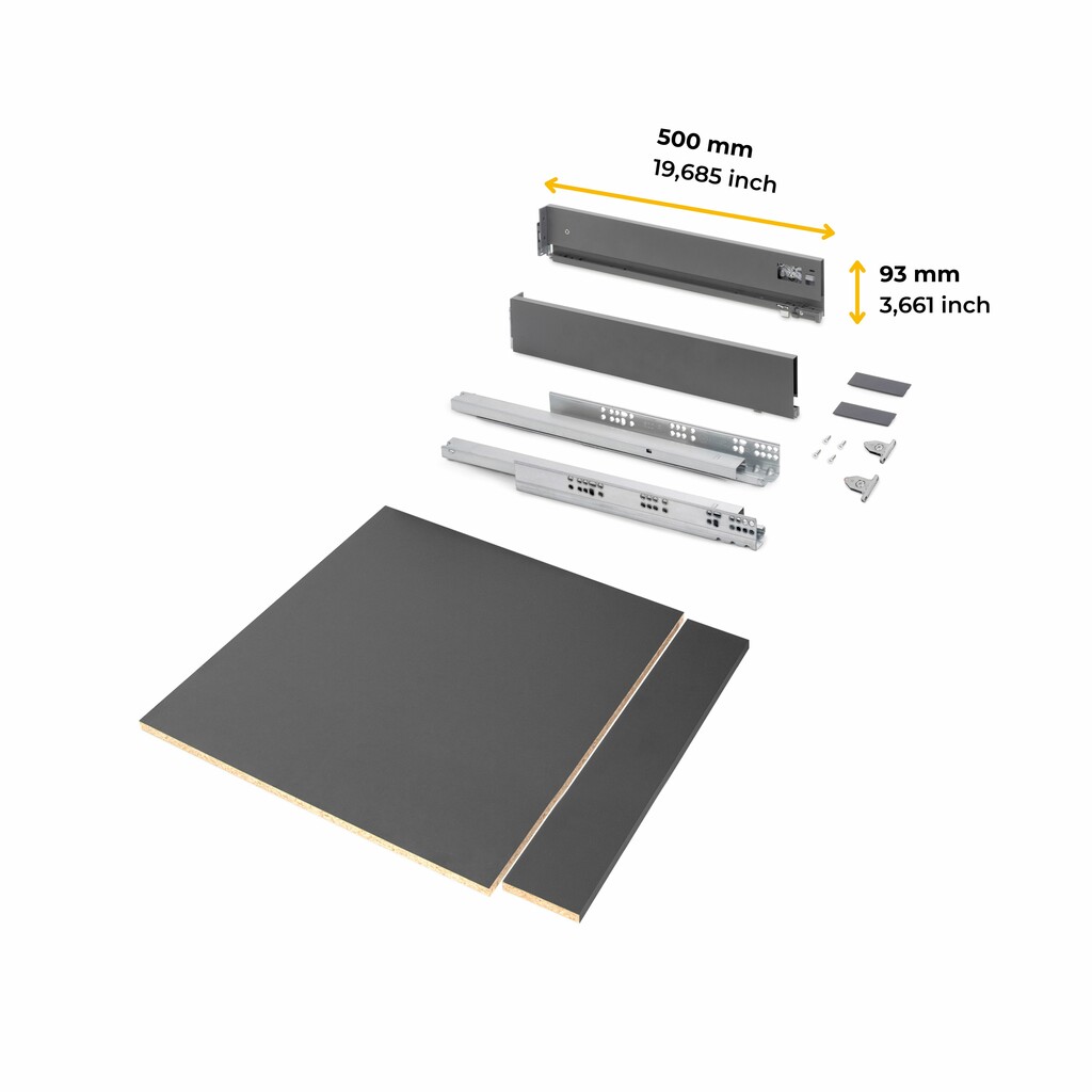Kit of Vertex drawer for kitchen or bathroom height 93mm with 3D regulation, boards included, module 600mm, Anthracite Grey-2