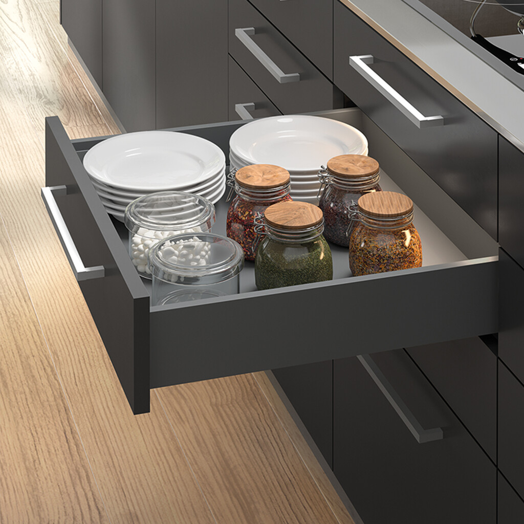 Kit de gavetas para cozinha ou casa de banho de Vertex de altura 178mm com regulação 3D, com prateleiras incluídas, módulo 450mm, Gris antracite-5