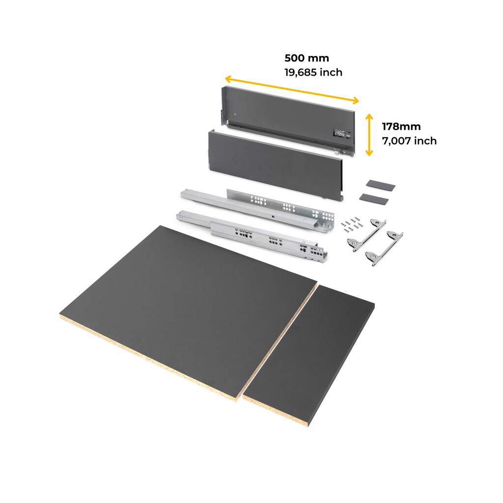 Kit de gavetas para cozinha ou casa de banho de Vertex de altura 178mm com regulação 3D, com prateleiras incluídas, módulo 450mm, Gris antracite-2