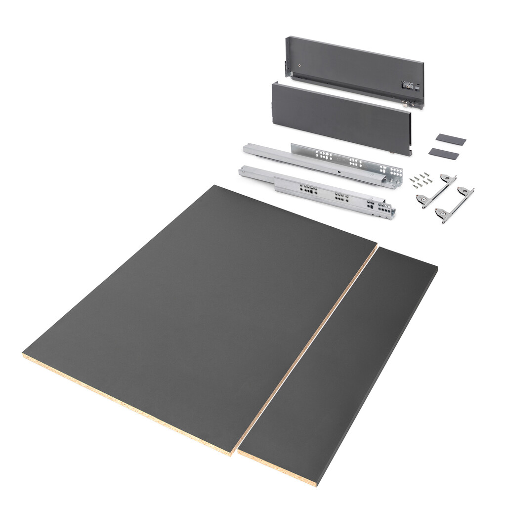 Schubladegarnitur Vertex für Küche oder Badezimmer mit 3D-Verstellung, Höhe 178mm, mit Spanplatten, Modul 900 mm, Anthrazitgrau-Primary