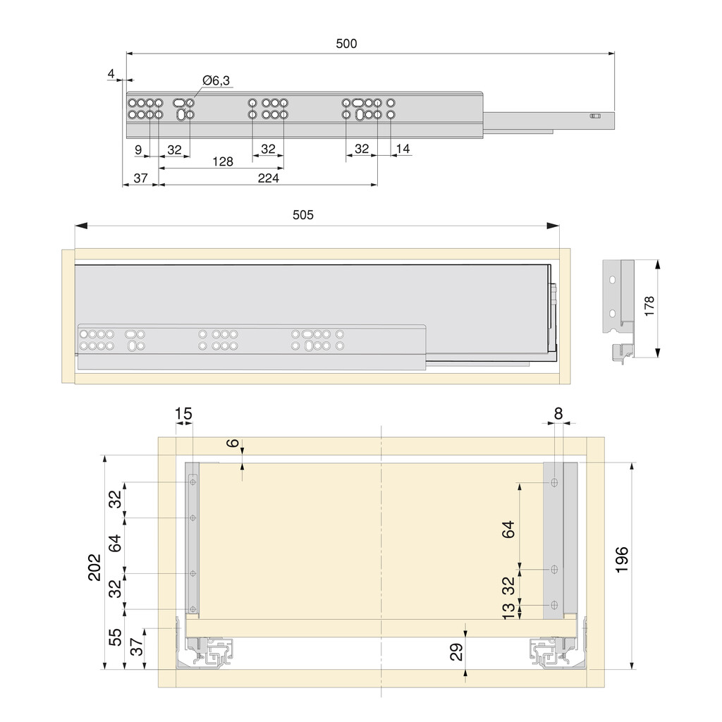 Schubladegarnitur Vertex für Küche oder Badezimmer mit 3D-Verstellung, Höhe 178mm, mit Spanplatten, Modul 900 mm, Anthrazitgrau-1