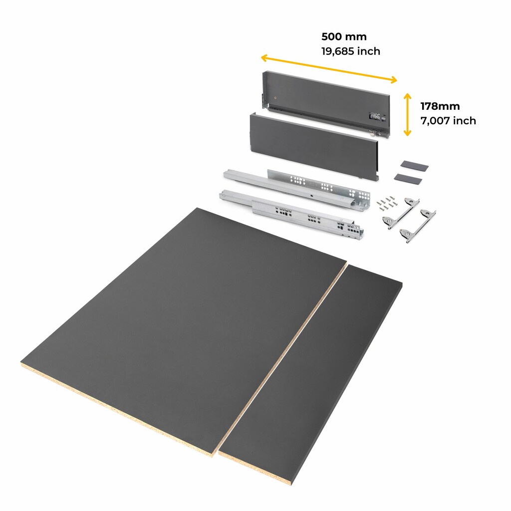Schubladegarnitur Vertex für Küche oder Badezimmer mit 3D-Verstellung, Höhe 178mm, mit Spanplatten, Modul 900 mm, Anthrazitgrau-2