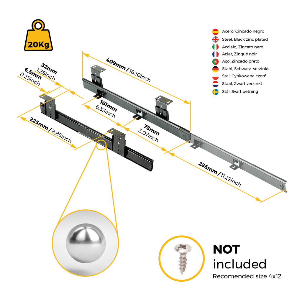 Set di guide a sfera per portatastiera in acciaio, Acciaio, Zincato nero-4