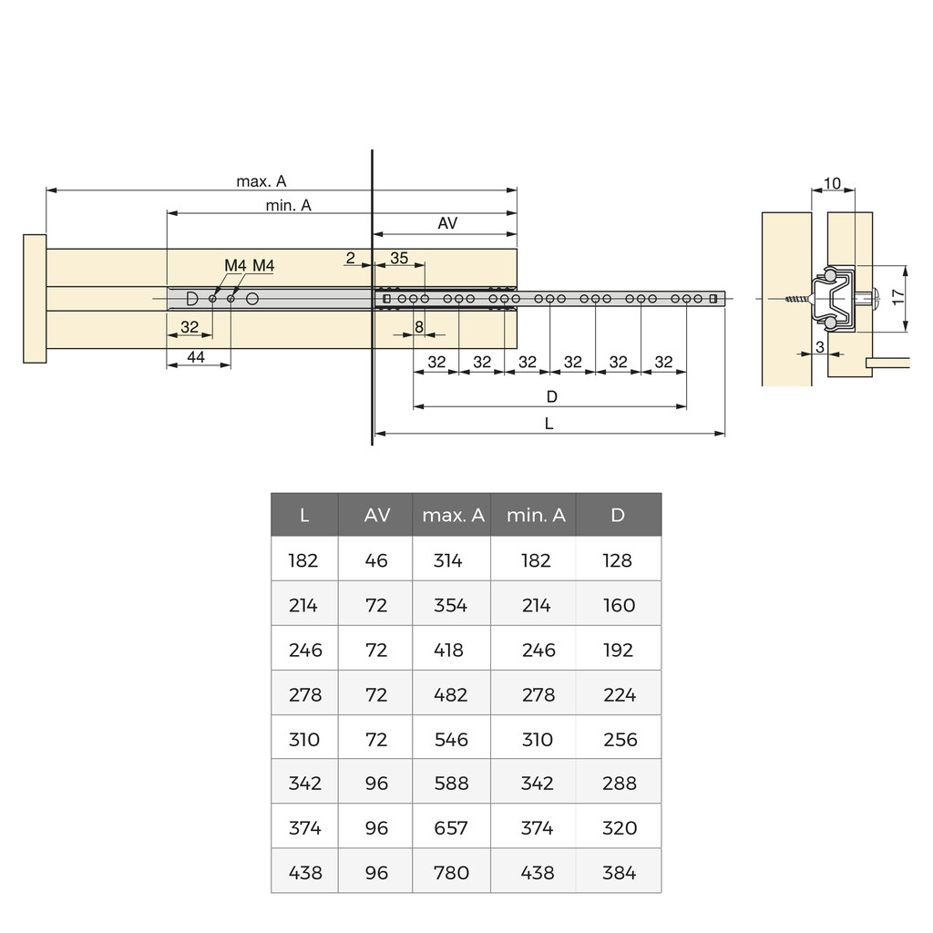 Juego de guías de altura 17mm para cajones, longitud 342mm, Acero, Cincado-1