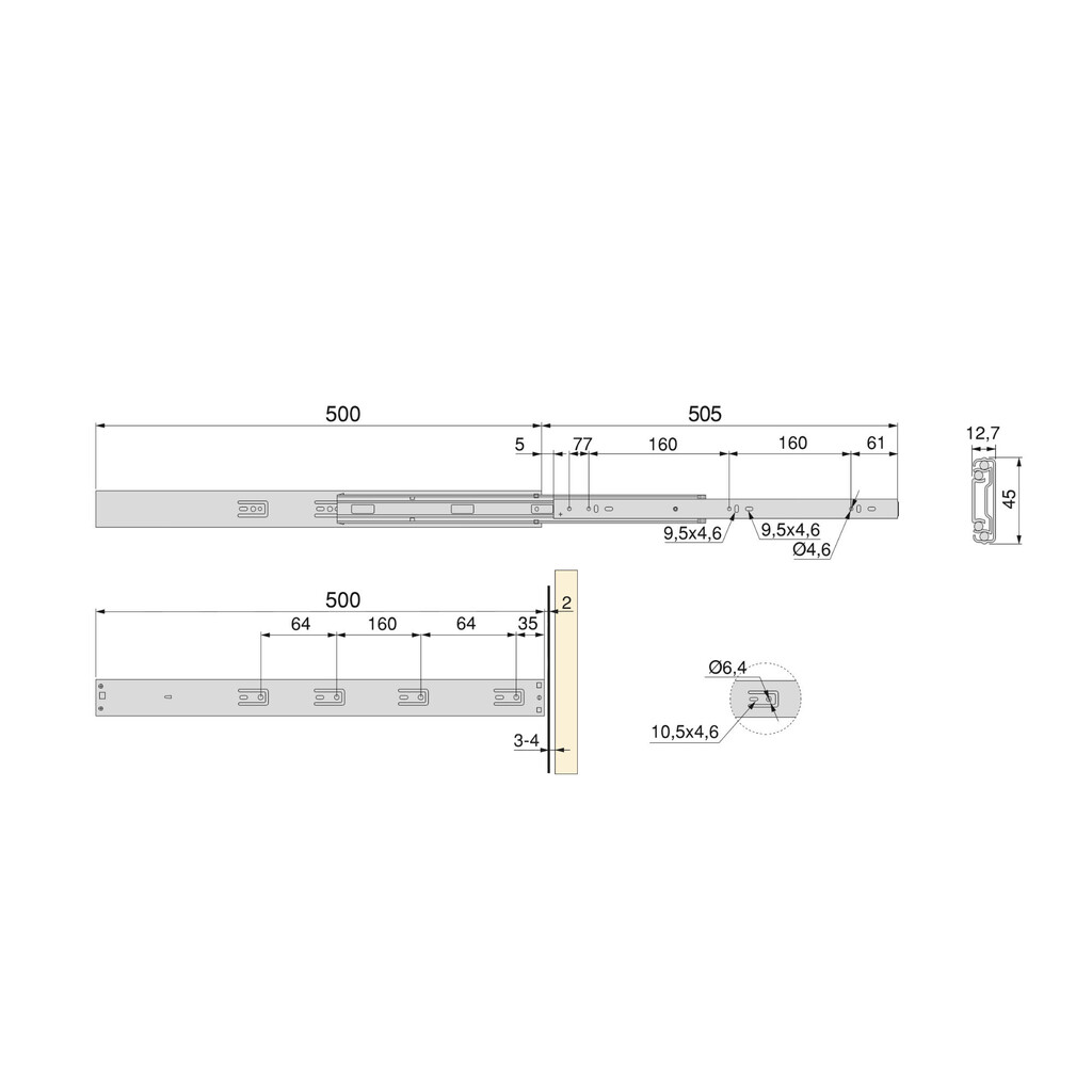 Komplet prowadnic kulkowych, pełny wysuw, cichy domyk, push to open, wysokość 45 mm, długość 500 mm, Stal, Ocynkowany-1