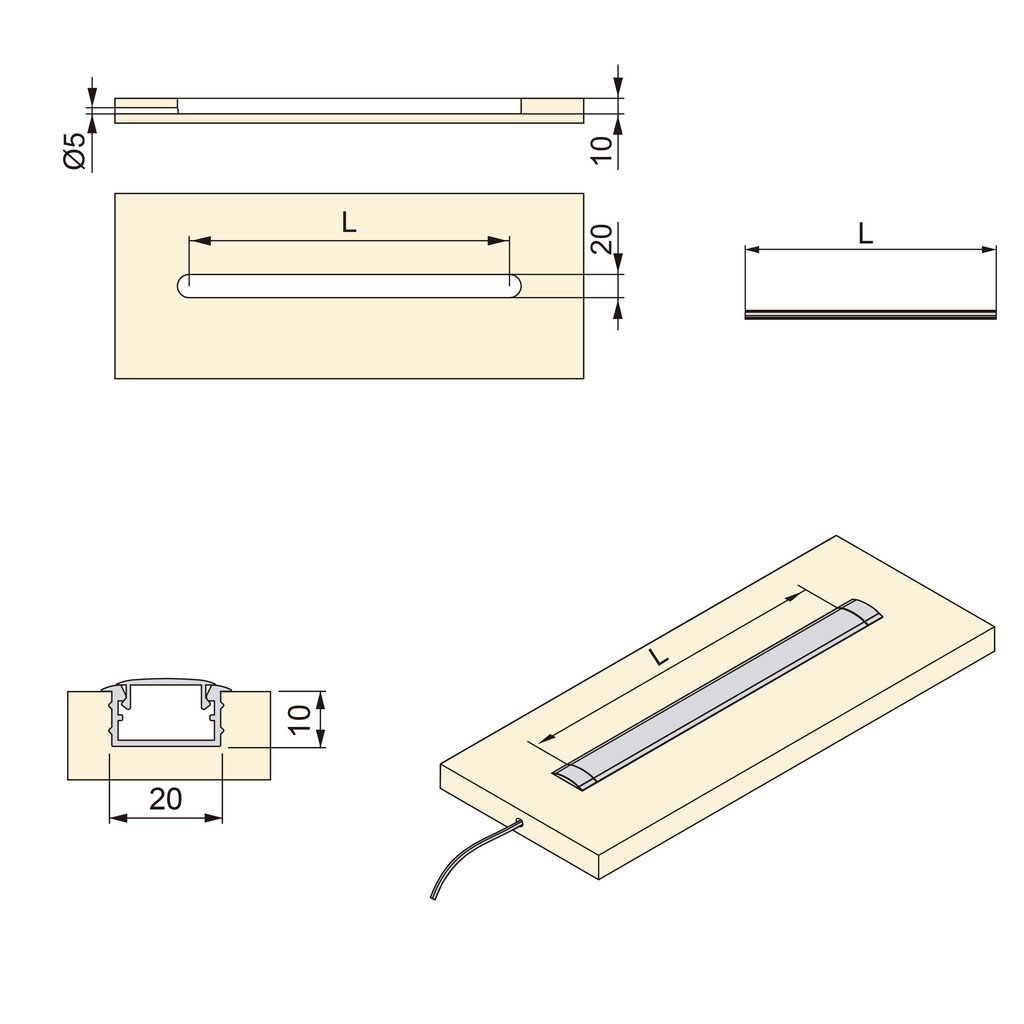 Inbouwaccessoire met Lynx-profiel en gebogen diffusor, voor het maken van Armaturen met LED strips, Grijs, Plastic-2