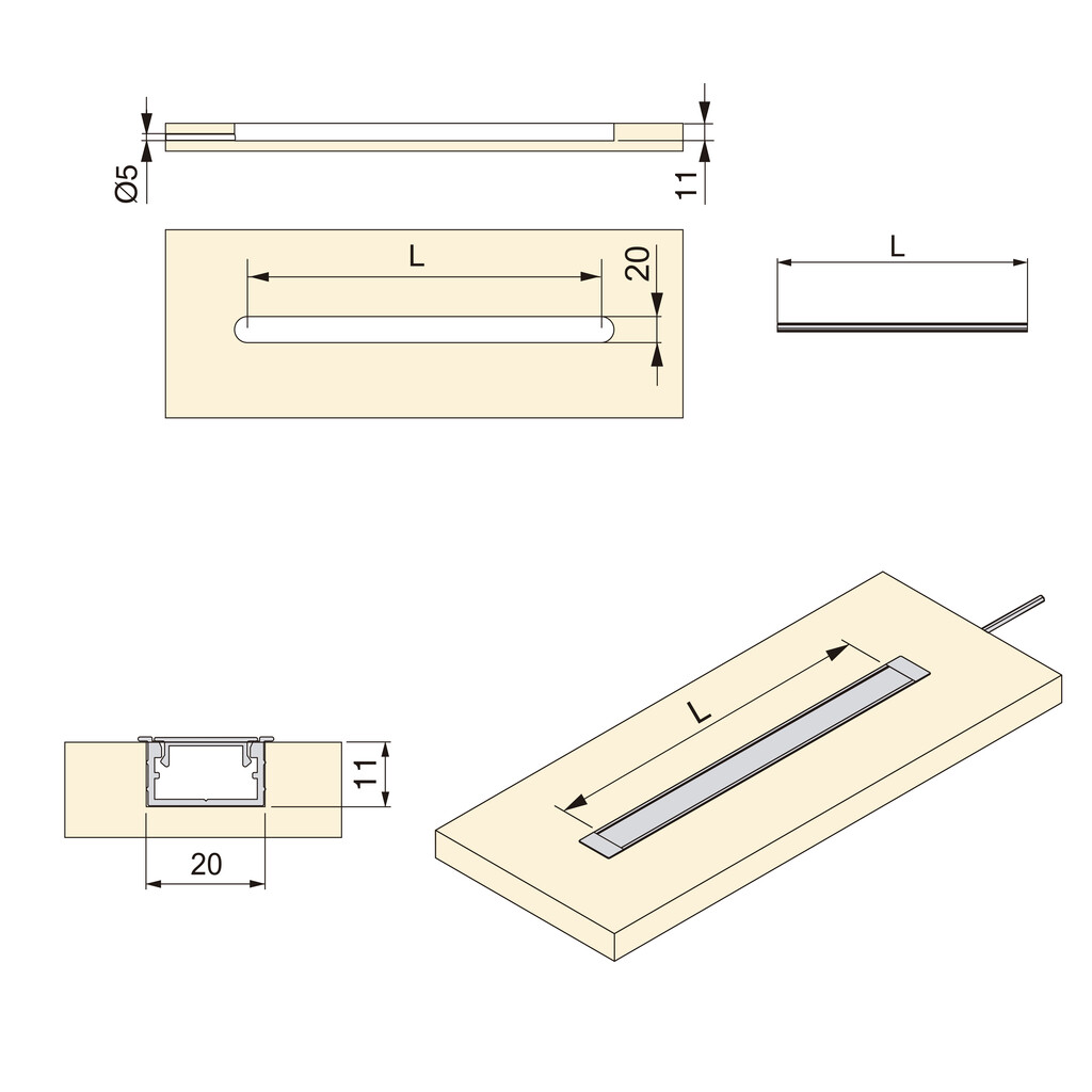 Acessório para encastrar com perfil Lynx e difusor plano, para a realização de Iluminações com fitas LED, Plástico, Cinza-2
