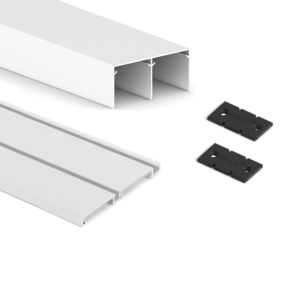 Pair of Placard 74 Flush Clip Channel sliding door wardrobe track pair, length 2.35m, Aluminium, White painted-Primary