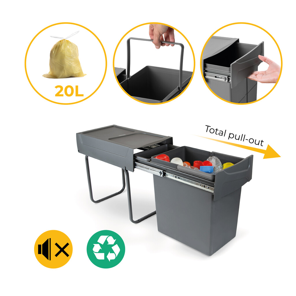 Pojemnik do recyklingu Recycle 1x20 litrów, mocowanie dolne, wysuw manualny, Plastik, Szary antracytowy-9