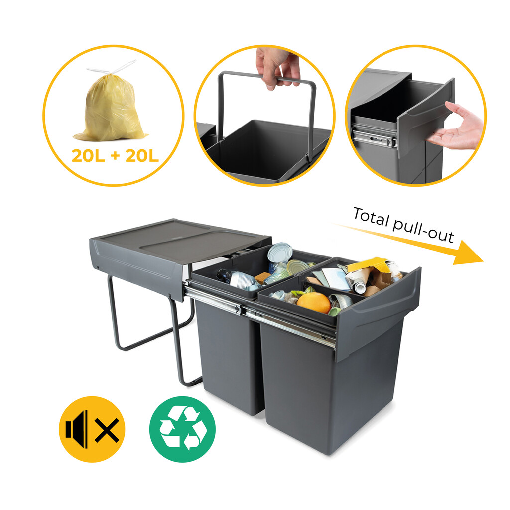 bac de tri sélectif a montage inférieur et extraction manuelle pour élément de cuisine Recycle, 2x20litres, Plastique gris antracite-9
