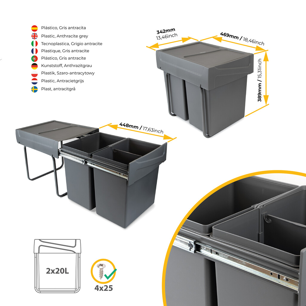 bac de tri sélectif a montage inférieur et extraction manuelle pour élément de cuisine Recycle, 2x20litres, Plastique gris antracite-4