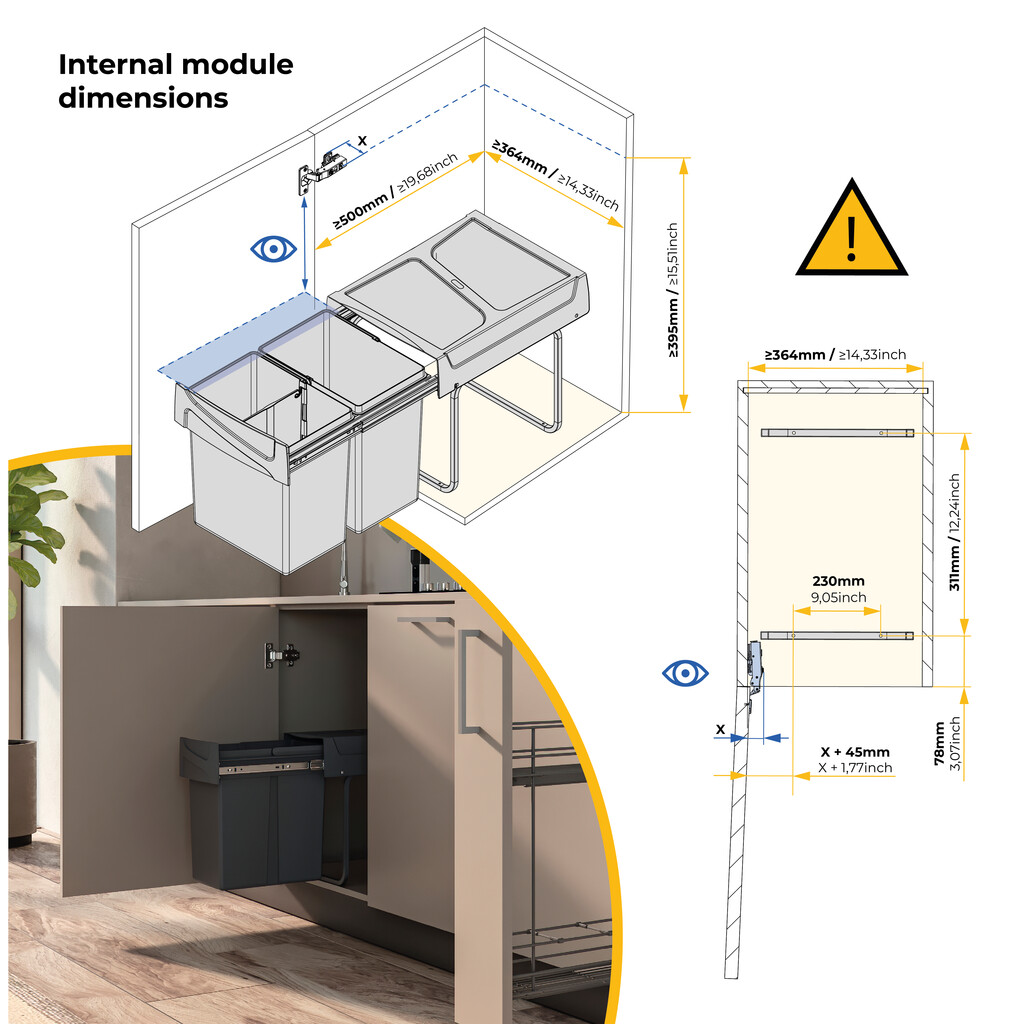 bac de tri sélectif a montage inférieur et extraction manuelle pour élément de cuisine Recycle, 2x20litres, Plastique gris antracite-5