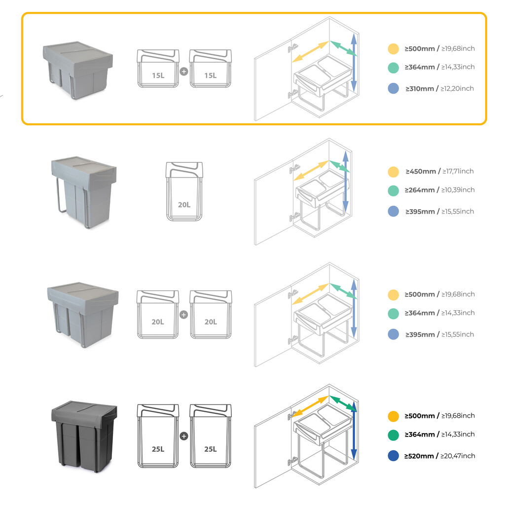 Pojemnik do recyklingu Recycle 2x15 litrów, mocowanie dolne, wysuw manualny, Plastik, Szary antracytowy-7