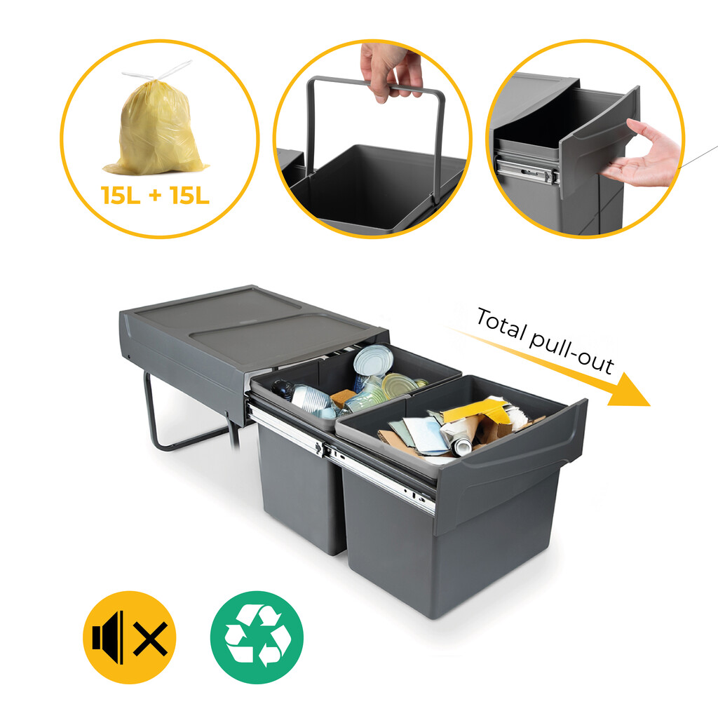 Pojemnik do recyklingu Recycle 2x15 litrów, mocowanie dolne, wysuw manualny, Plastik, Szary antracytowy-8