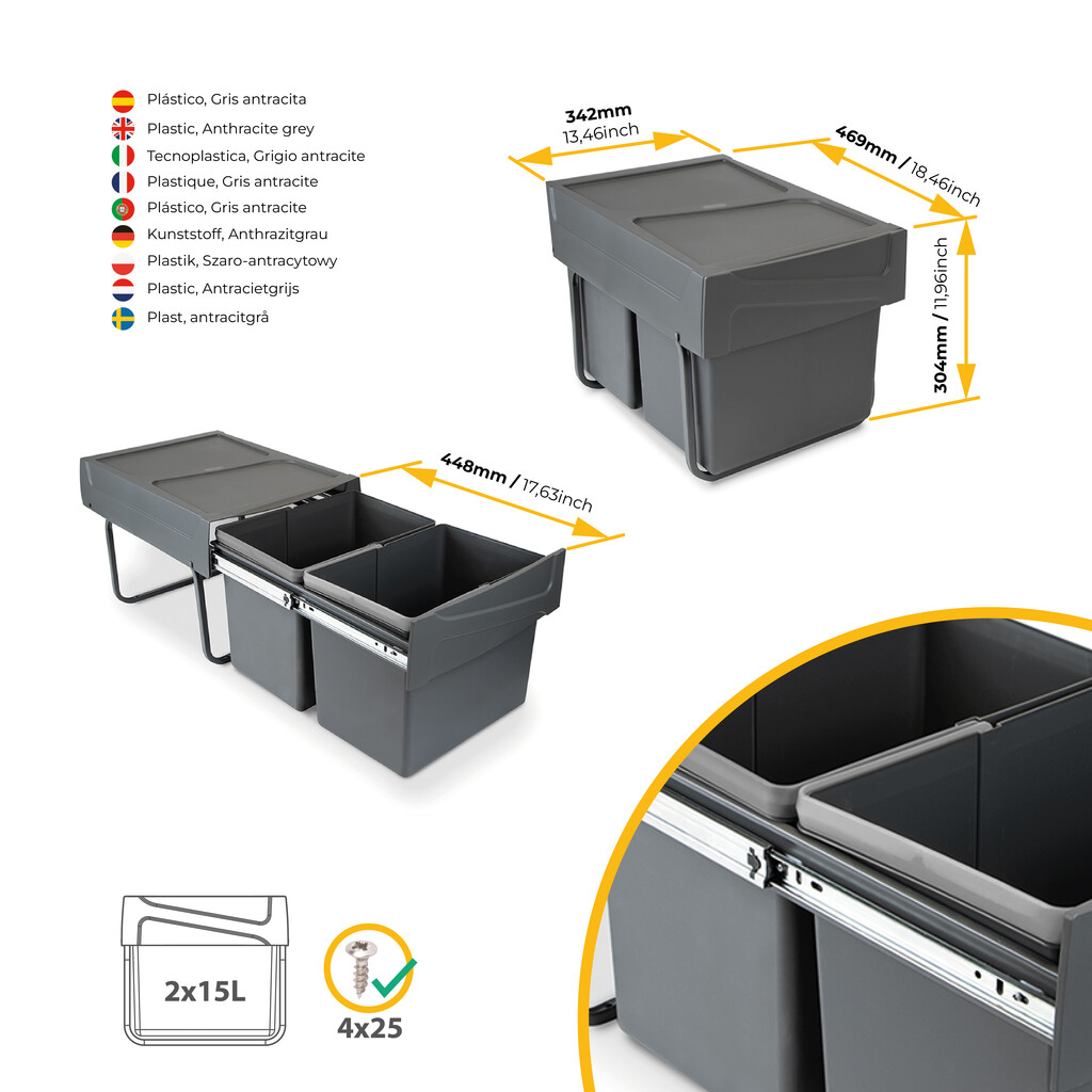 Pojemnik do recyklingu Recycle 2x15 litrów, mocowanie dolne, wysuw manualny, Plastik, Szary antracytowy-3
