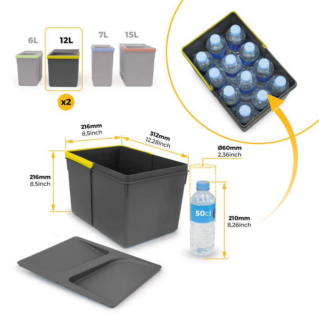 Lot RecyclingRecyclingbehälterRecycle für Küchenschublade, Höhe 216mm, 2x12l, 2x6l, Kunststoff anthrazitgrau-7