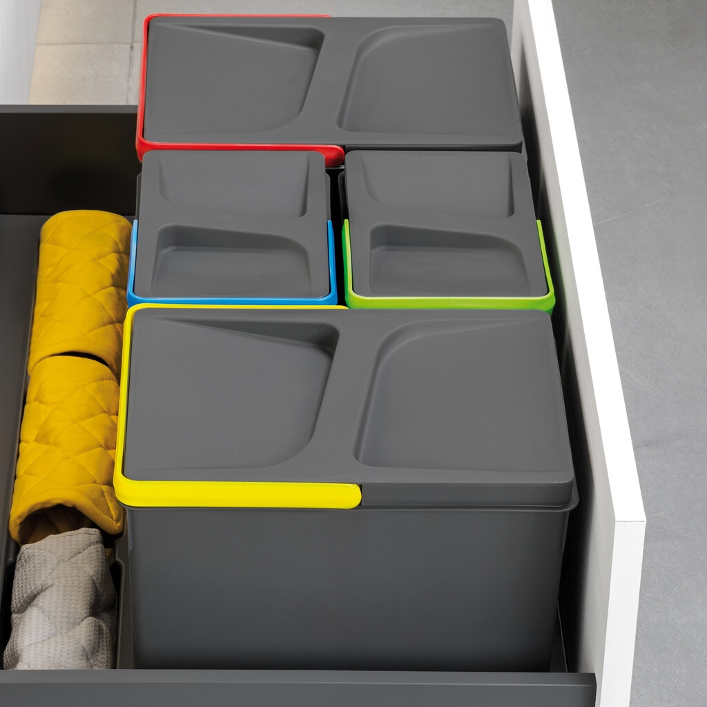 Kit of recycling bins for kitchen drawer Recycle height 266mm, 2x15litres, 2x7litres, Anthracite grey plastic-3
