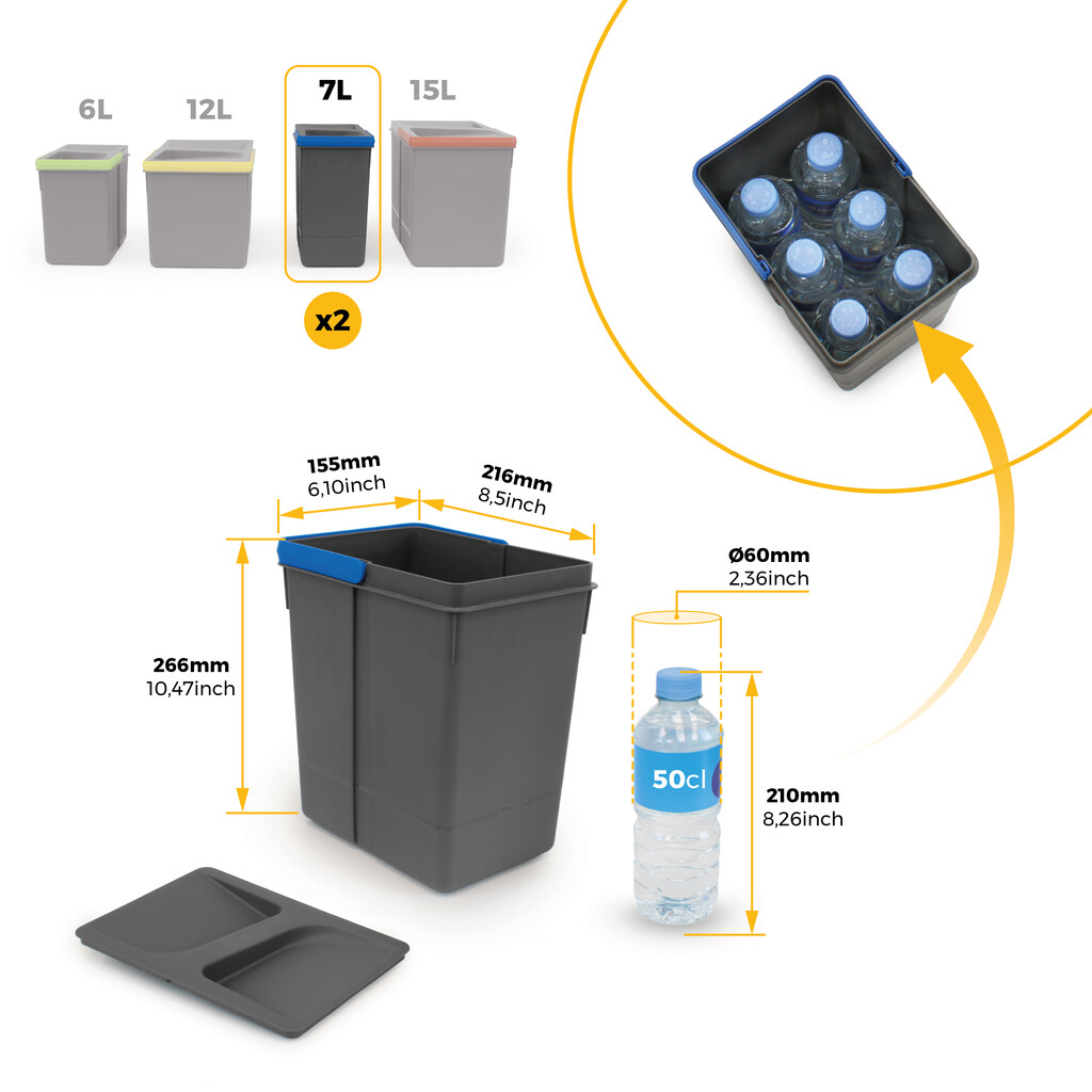 Kit of recycling bins for kitchen drawer Recycle height 266mm, 2x15litres, 2x7litres, Anthracite grey plastic-6