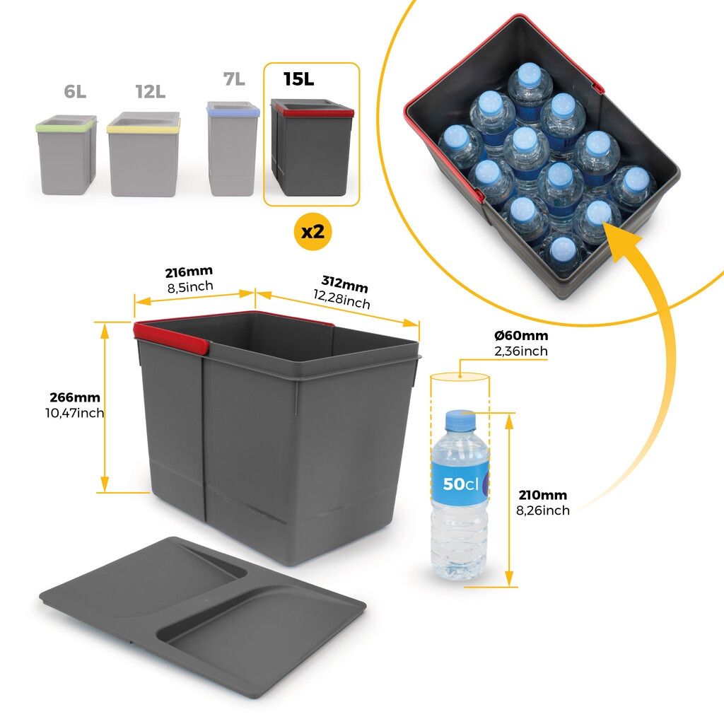 Kit of recycling bins for kitchen drawer Recycle height 266mm, 2x15litres, 2x7litres, Anthracite grey plastic-7