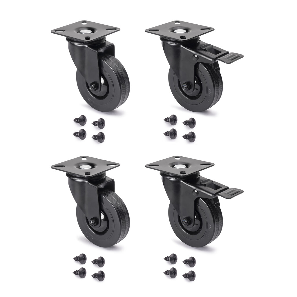 Lot of 4 castors Black with mounting plate, diameter 75mm, Plastic and Steel, Black-Primary