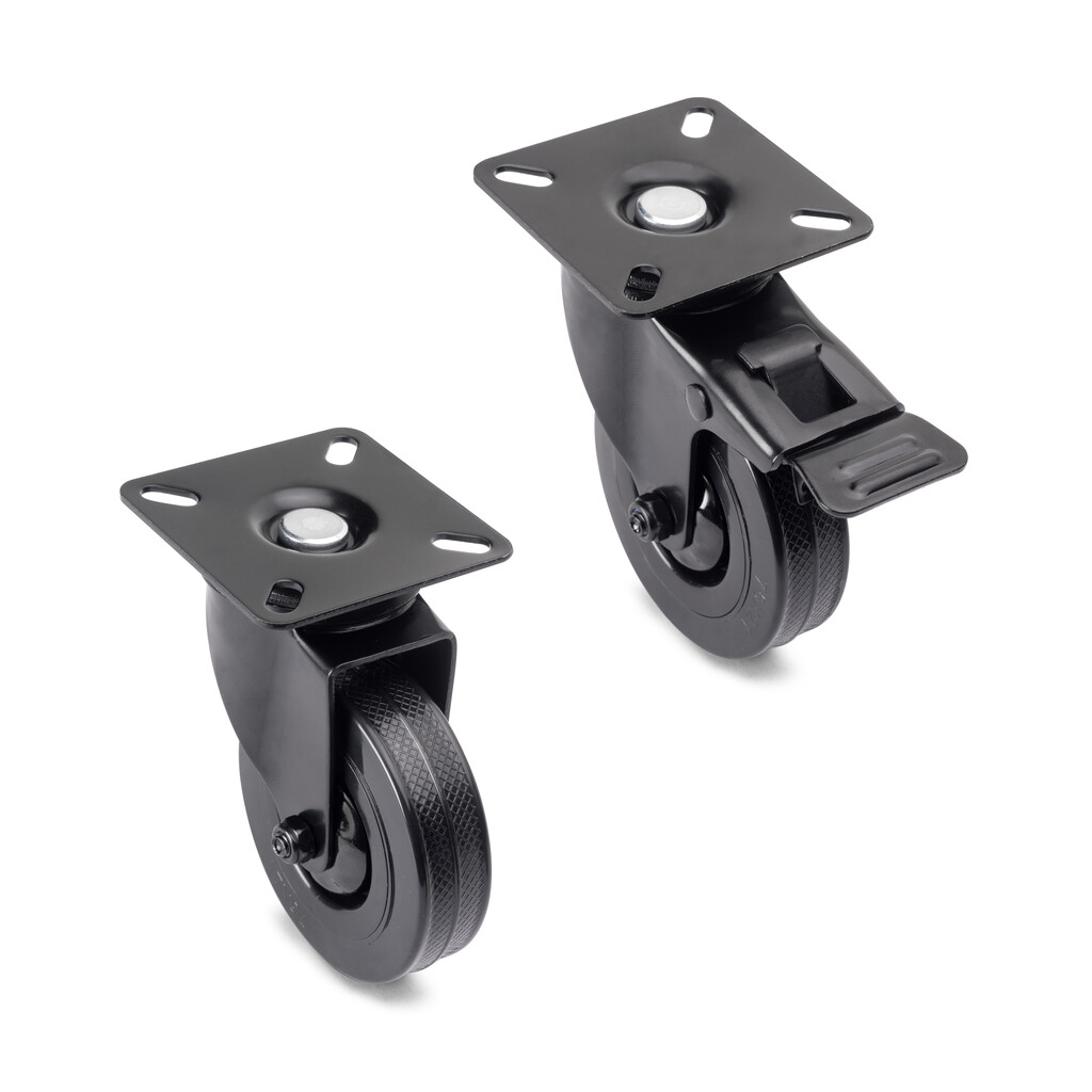 Lot of 4 castors Black with mounting plate, diameter 75mm, Plastic and Steel, Black-4
