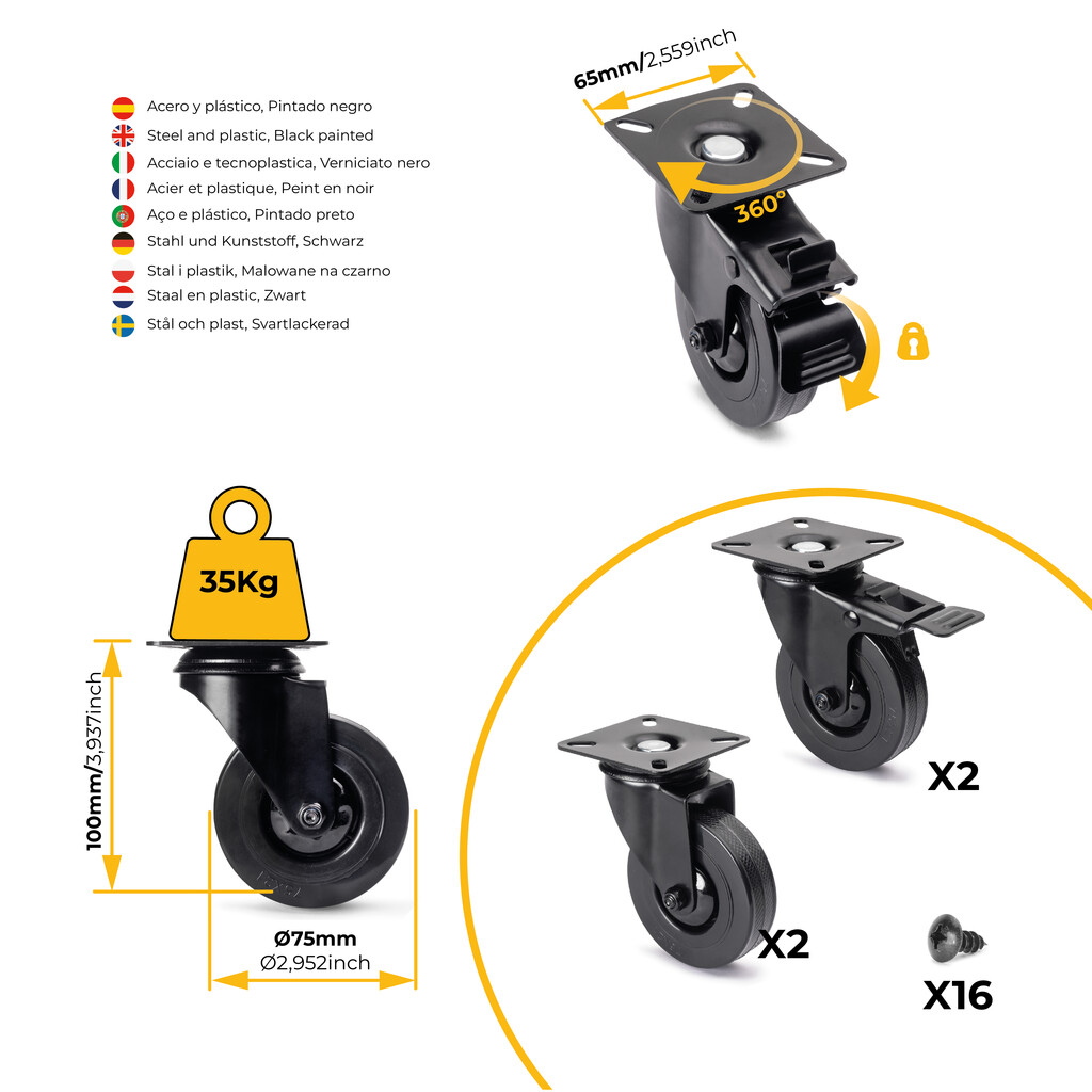 Lot of 4 castors Black with mounting plate, diameter 75mm, Plastic and Steel, Black-14