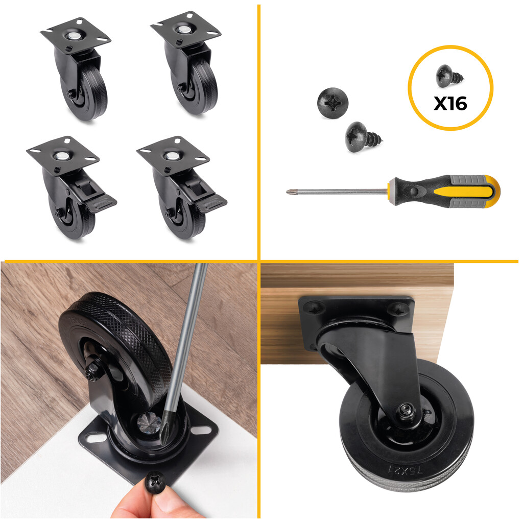 Lot of 4 castors Black with mounting plate, diameter 75mm, Plastic and Steel, Black-15