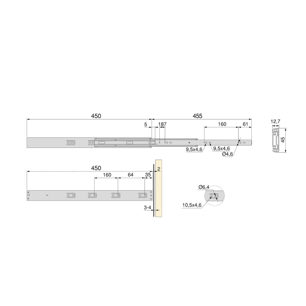Lot of 5 pairs of Full extension ball bearing slides for drawers, height 45mm, depth 450mm, with push and soft closing, Zinc plated-1