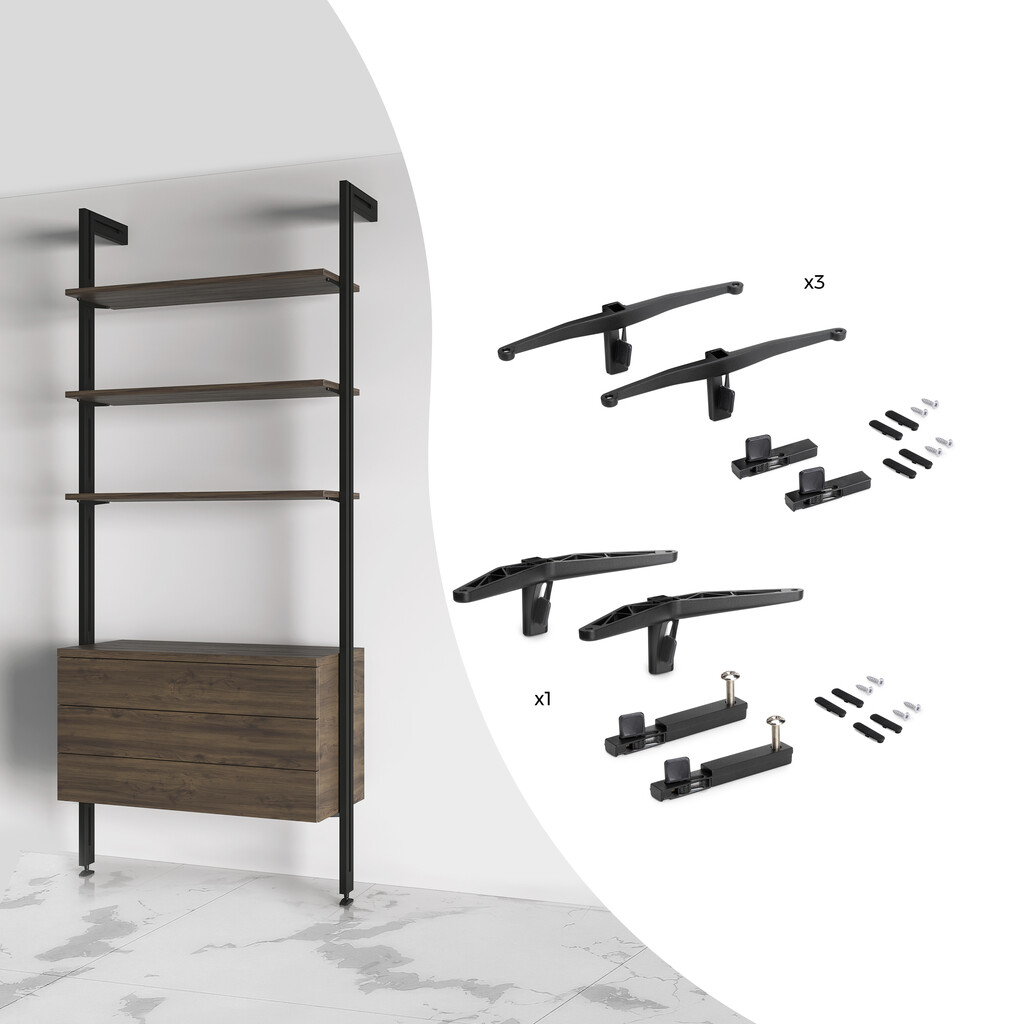 Kit of Supports kit for 3 Wooden Shelves and 1 module for Zero structure, Zamak, Textured Black painted-Primary