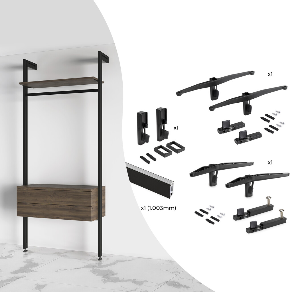 Kit of Supports kit for 1 Wooden shelf, 1 module and 1 hanging rail 1m long Zero, Zamak, Textured Black painted-Primary