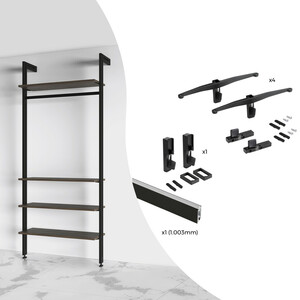 Kit de soportes para 4 estantes de madera y 1 barra de colgar de longitud 1m Zero, Aluminio y Zamak y Plástico, Pintado color negro texturizado foto del producto