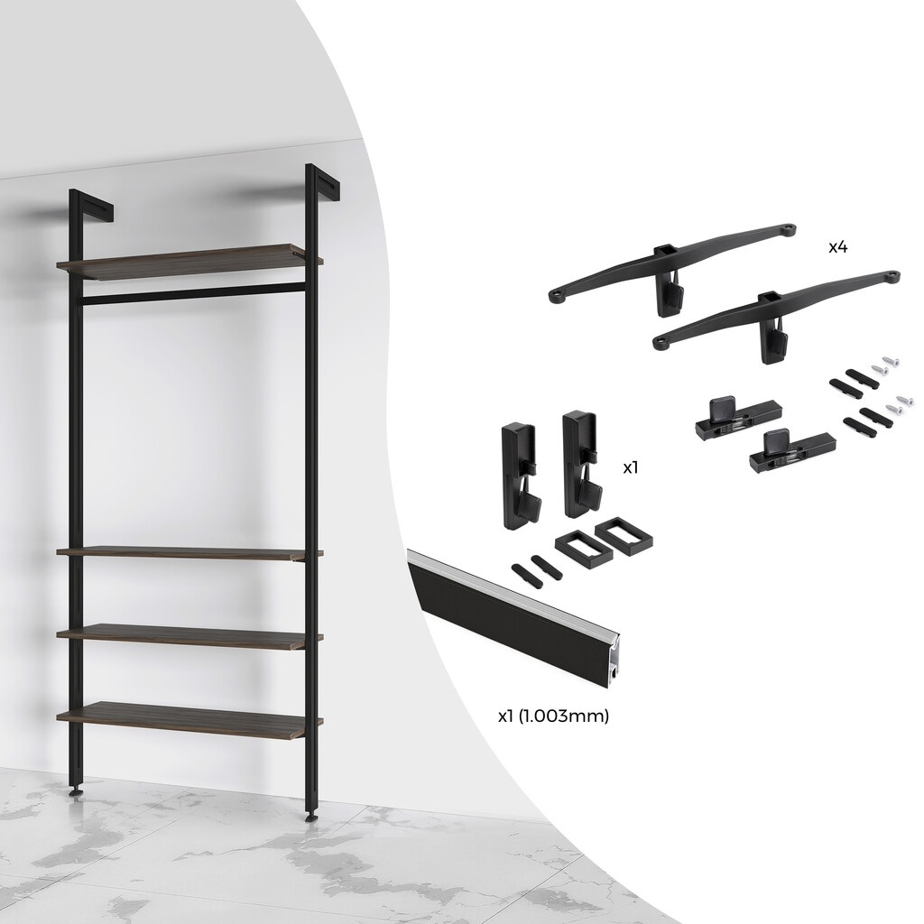 Kit de soportes para 4 estantes de madera y 1 barra de colgar de longitud 1m Zero, Aluminio y Zamak y Plástico, Pintado color negro texturizado-Primary