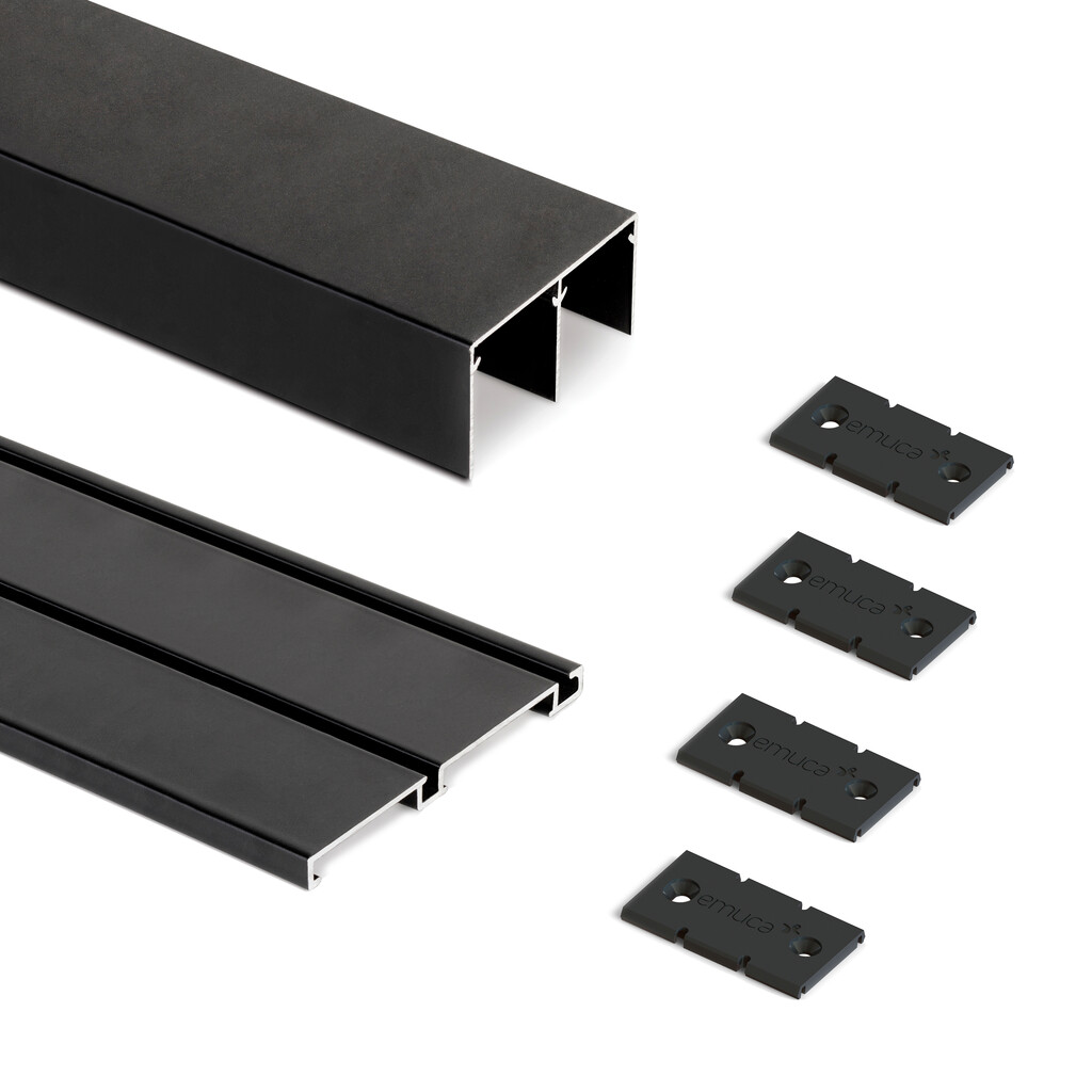 Pair of Placard 74 Flush Clip Channel sliding door wardrobe track pair, length 3.9m, Aluminium, Black painted-Primary