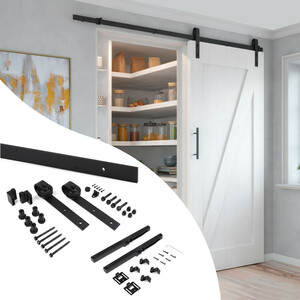 Kit de ferragens para uma porta de correr suspensa em Madeira de Celeiro, com fecho suave, pain&eacute;is n&atilde;o inclu&iacute;dos, A&ccedil;o e Pl&aacute;stico, Pintado preto fotografia do produto