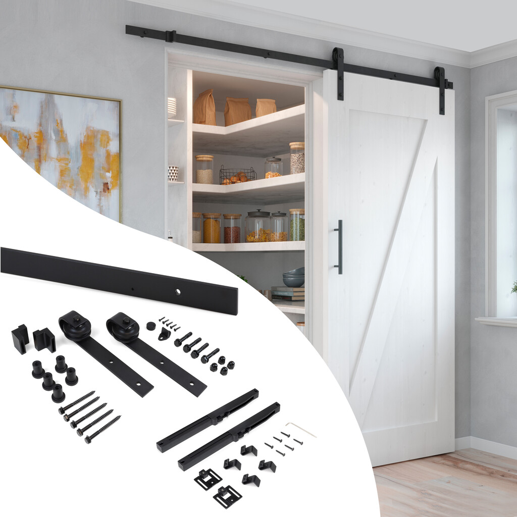 Kit de herrajes para una puerta corredera colgada de madera Barn, Con cierre suave, tableros no incluidos, Acero y Plástico, Pintado negro-Primary