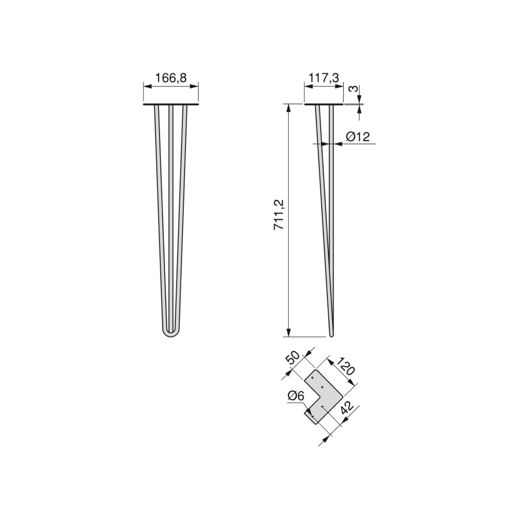 Lot of 4 Hairpin 3 rods table legs, Height 710mm, Steel, Black painted-1