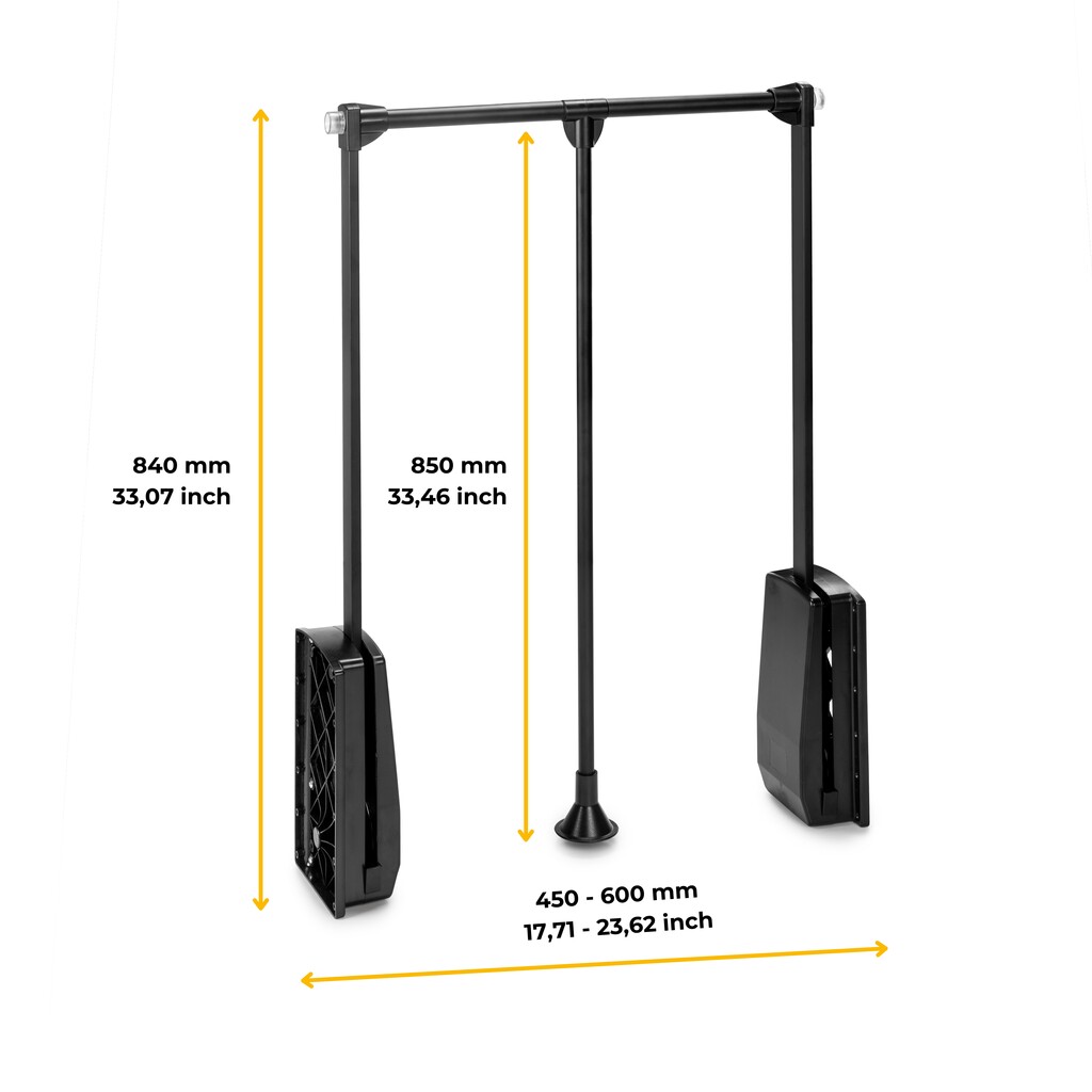 Varão basculante para roupeiro Hang, 450 - 600, Pintado preto, Aço e Plástico-2