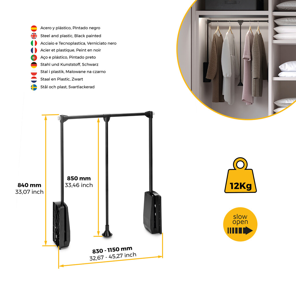 Appendiabiti per armadio Hang, larghezza regolabile 830-1150 mm, Acciaio e Tecnoplastica, Verniciato nero-8