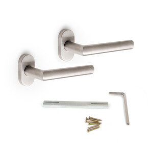 Lot de 2 poign&eacute;es avec rosace ovale pour portes int&eacute;rieures, forme droite en L, Acier inoxydable, Nickel satin&eacute; photo du produit