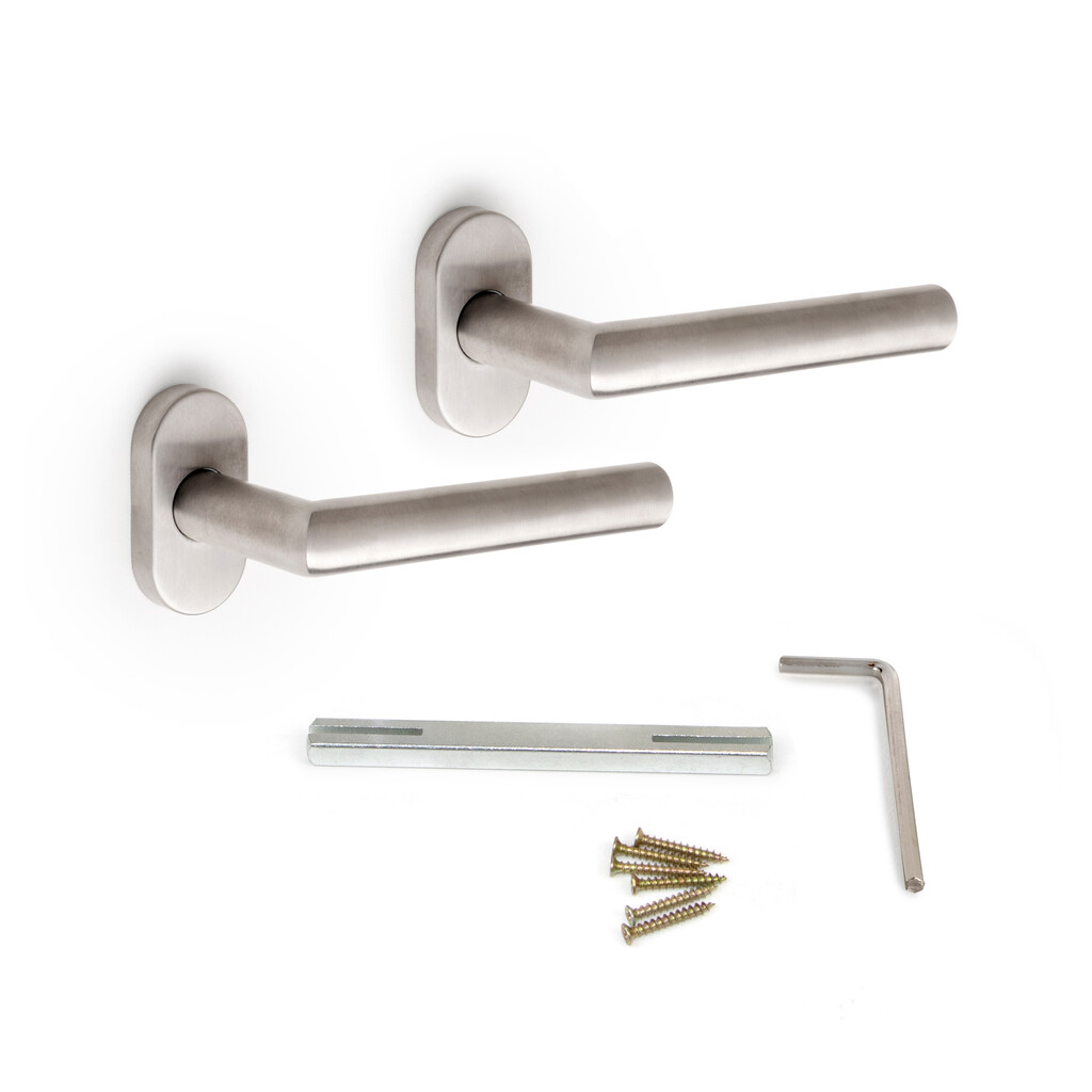Lot de 2 poignées avec rosace ovale pour portes intérieures, forme droite en L, Acier inoxydable, Nickel satiné-Primary