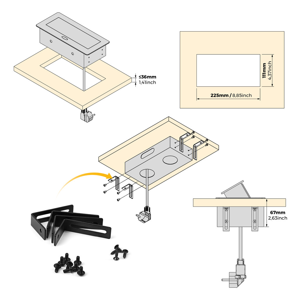 Multiconnecteur Atom 26 Lite pour bureau, 225x111mm, Peint en noir, Zamak et Acier et Plastique.-7