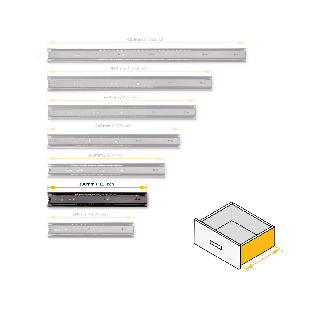 Lote de 5 juegos de guías para cajones, de bolas, altura 45mm, profundidad 300mm, extracción total, Negro-9