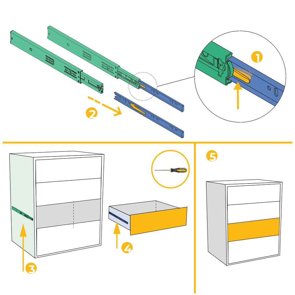 Lote de 5 juegos de guías para cajones, de bolas, altura 45mm, profundidad 300mm, extracción total, Negro-8