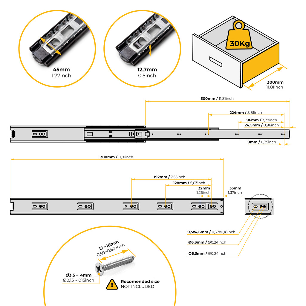 Lote de 5 juegos de guías para cajones, de bolas, altura 45mm, profundidad 300mm, extracción total, Negro-2