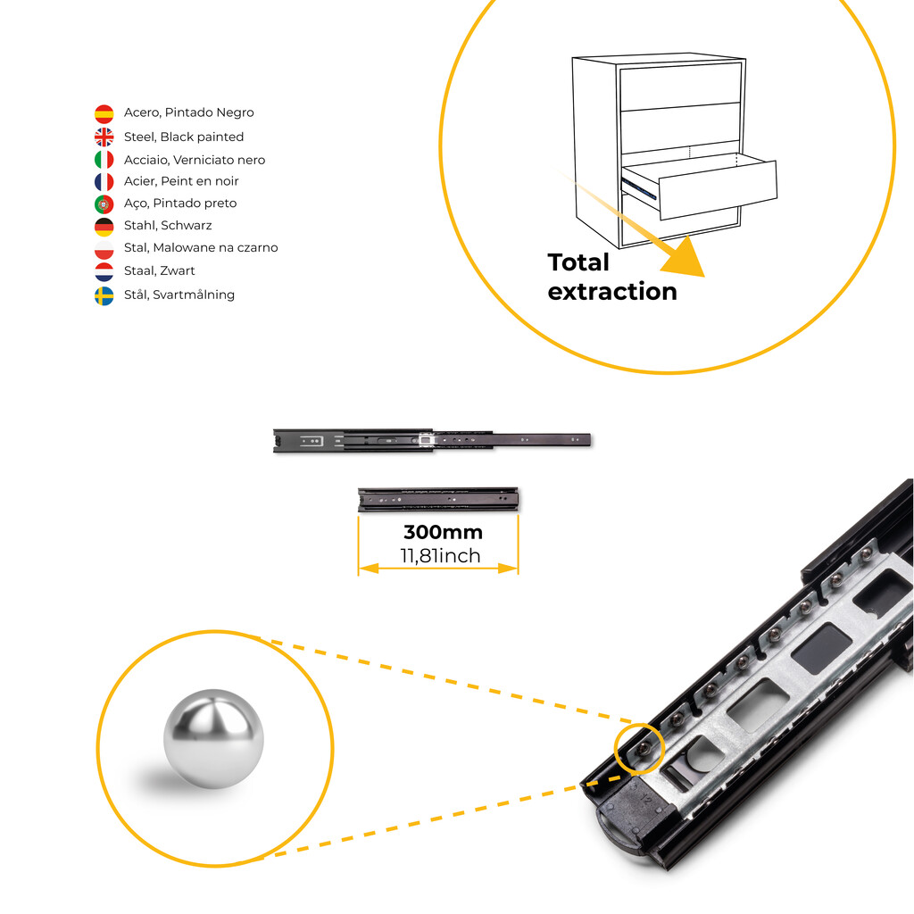 Lote de 5 juegos de guías para cajones, de bolas, altura 45mm, profundidad 300mm, extracción total, Negro-7