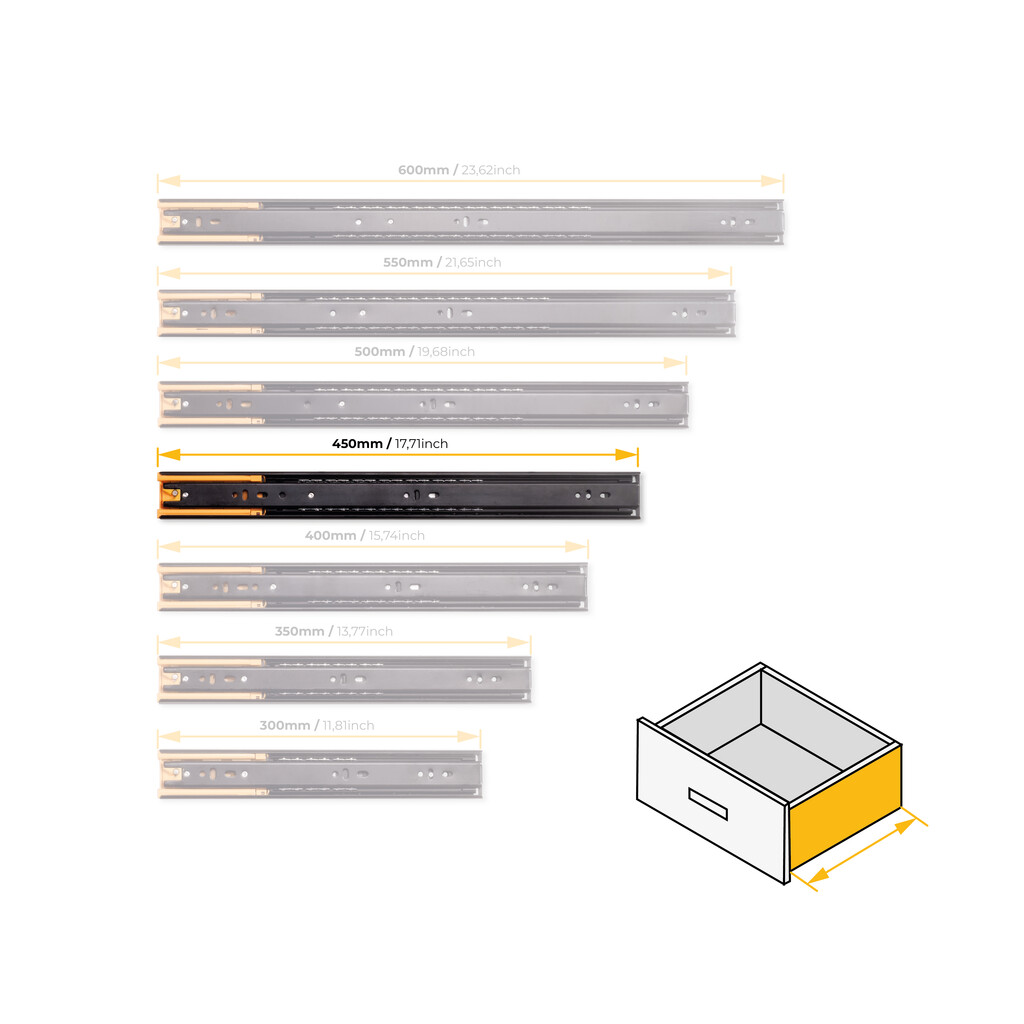 5er Satz Kugelführungen, Höhe 45mm, Tiefe 450mm, Vollauszug, mit Schließautomatik, Schwarz-12
