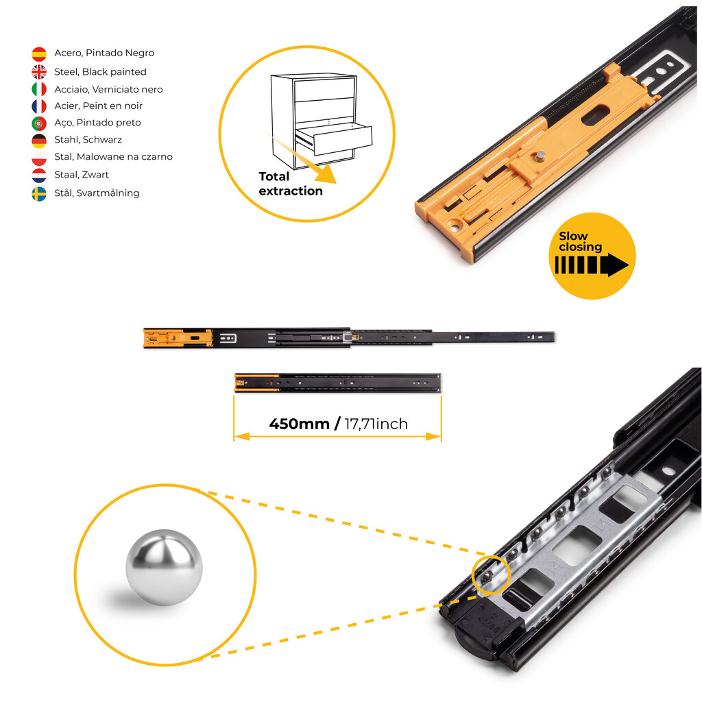 5er Satz Kugelführungen, Höhe 45mm, Tiefe 450mm, Vollauszug, mit Schließautomatik, Schwarz-10
